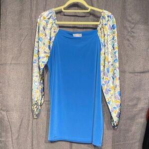 Susan Graver Blue Top with Geometric Sleeves
